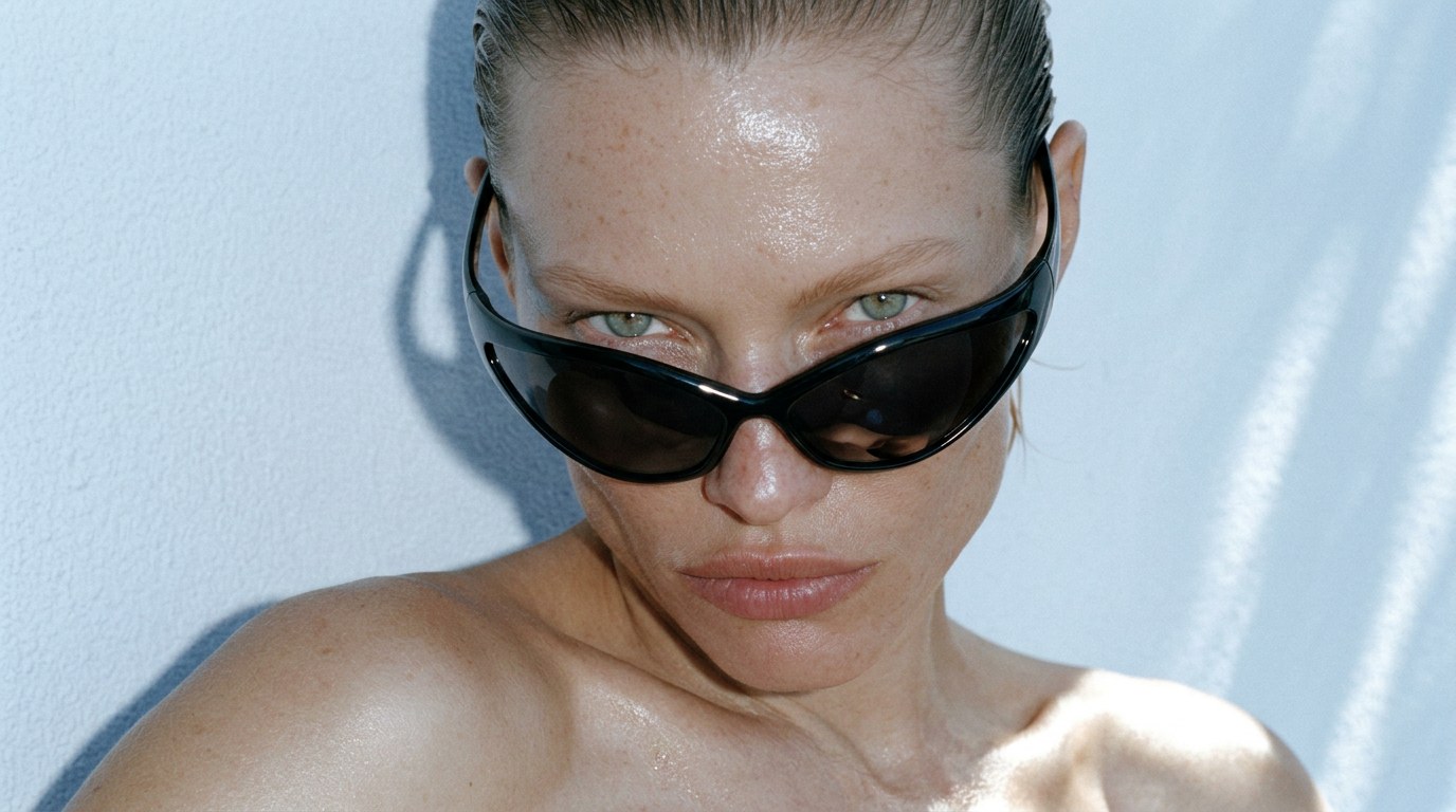 Close-up of a model in black wraparound sunglasses