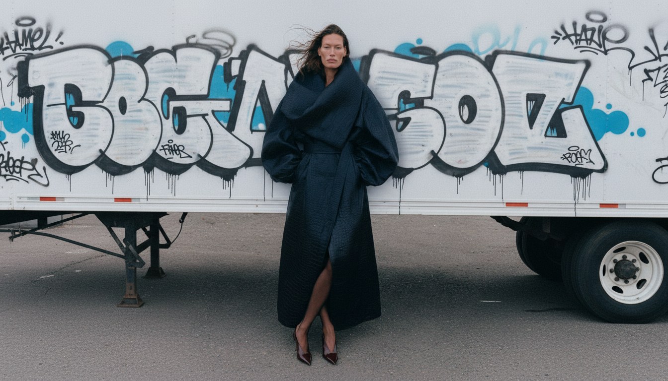 Model in a navy quilted coat in front of a graffiti truck