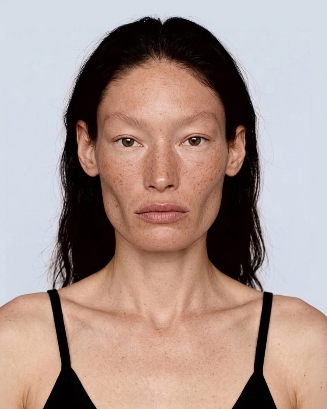 Model portrait, long dark hair, black camisole