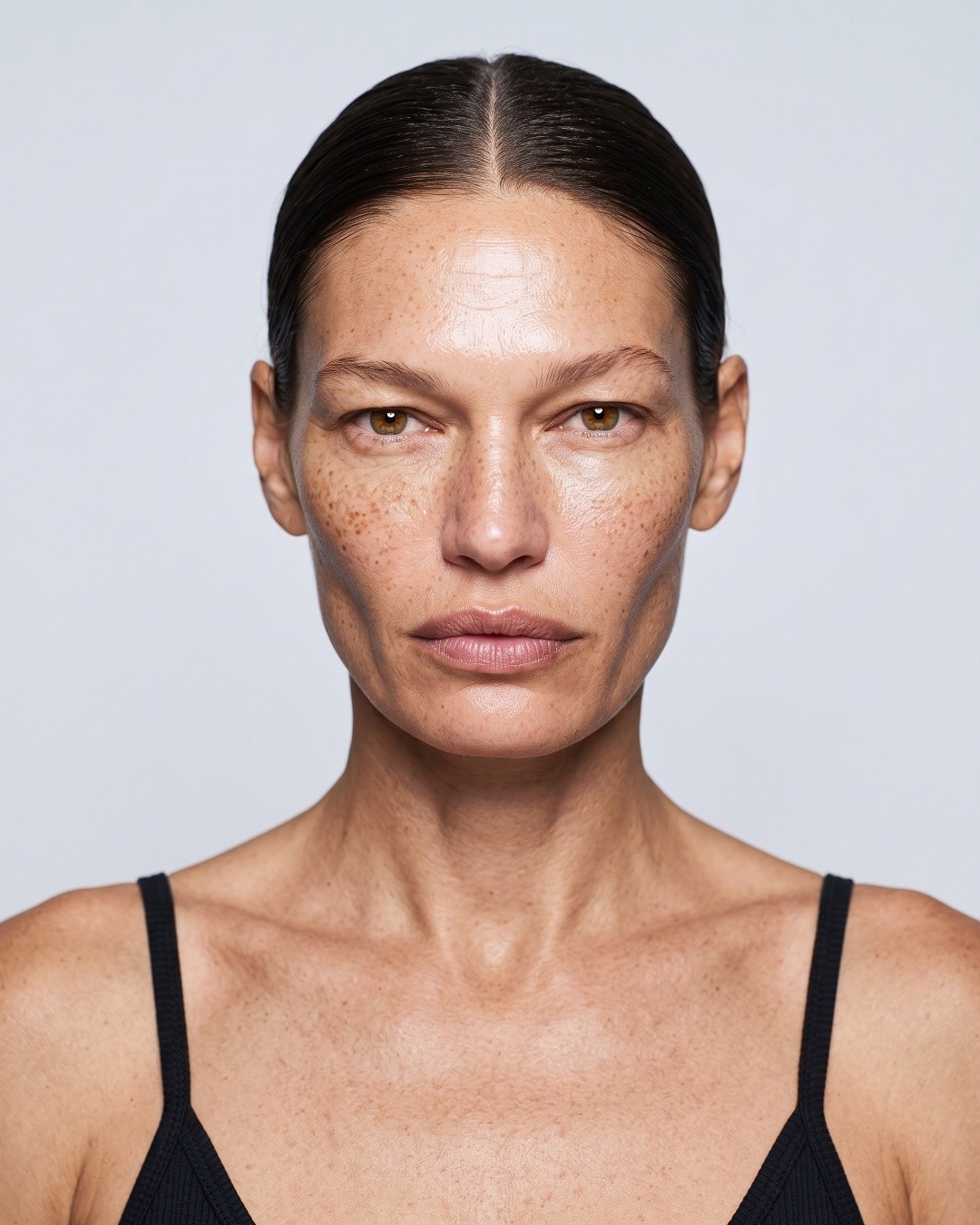 Model portrait, hair pulled back, black camisole